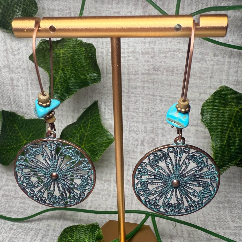 New Boho Mandala Dangle Earrings w/Turquoise Patina